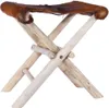 The Living Store Tabouret pliant cuir véritable et bois Voir les images du produit 1