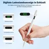 A hand holding a white stylus pen with a digital display showing '100'. The image also shows three smaller inset images illustrating different states of a device with digital displays. Produktbild-Vorschau