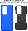 Two phone cases are displayed side-by-side against a white background. The case on the left is blue, and the case on the right is black and features a kickstand. Text describing the product is present at the top of the image. Produktbild-Vorschau