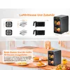 A collage showing the air fryer and its accessories, and a lifestyle shot of the air fryer on a kitchen counter. Produktbild-Vorschau