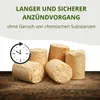 Several wood briquettes are arranged on a wooden surface, with a clock icon indicating a long duration, and text highlighting features. Produktbild-Vorschau