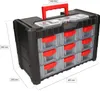 A black and red storage organizer with multiple clear drawers, shown with dimensions indicated. Produktbild-Vorschau