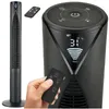 A collage showing a black tower fan and its remote control. One part shows the full fan, another part shows a close-up of the top controls and display, and a third part shows a hand holding the remote control. Náhled obrázku produktu