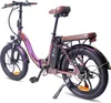 A purple electric bicycle with brown seats and black tires, shown from a three-quarter rear angle against a white background. Produktbild-Vorschau
