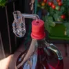 A close-up of a glass fermentation airlock attached to a red rubber stopper on a glass carboy filled with red liquid. In the background, a plant with red tomatoes is visible. Produktbild-Vorschau