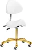 A white saddle stool with a gold base and wheels, shown against a white background. Produktbild-Vorschau