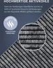 Close-up of a pleated activated carbon filter material, with text overlaying the background promoting its features. Produktbild-Vorschau