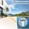A wireless pool thermometer with its display unit shown next to a pool. Produktbild-Vorschau