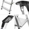 A collage of four close-up images of an aluminum stepladder, highlighting its steps, tray, and construction. Podgląd zdjęcia produktu