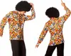 Two views of a person wearing a colorful 70s-style shirt and an afro wig. Podgląd zdjęcia produktu