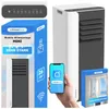 A collage of images showcasing a mobile air conditioner and its features, including packaging, a smartphone app interface, and a window sealing kit. Produktbild-Vorschau
