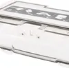 A close-up, angled view of a transparent dustbin for a robot vacuum cleaner, showing instructions printed on the lid. Produktbild-Vorschau