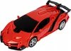 A red toy robot car with a black spoiler and black tinted windows, shown from a high angle. Produktbild-Vorschau