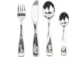 A set of four children's cutlery pieces, including a fork, knife, and two spoons, arranged on a white background. Each piece features a different animal engraving on its handle: a giraffe on the fork, a snake on the knife, a lion on the larger spoon, and a Náhľad obrázku produktu