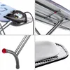 A collage of four close-up images showing different parts of a folding ironing board and an iron. Produktbild-Vorschau