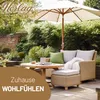 An outdoor patio setting with wicker furniture, a table, and an umbrella. Produktbild-Vorschau