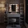 A well-lit vanity table with a mirror, LED lights, and various makeup products, along with a stool and shelves filled with items. Náhľad obrázku produktu