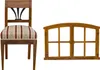 A wooden chair with a striped cushion and a wooden window frame are displayed against a white background. Produktbild-Vorschau