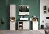A modern bathroom vanity set with a sink, mirror, and storage cabinets against a green wall. Produktbild-Vorschau
