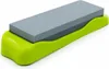 A sharpening stone with a gray stone and a green base, isolated on a white background. Produktbild-Vorschau