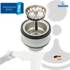 A close-up view of a sink strainer basket and drain assembly, with a hose attached to the bottom part. Produktbild-Vorschau