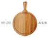 A round wooden cutting board is shown, split down the middle to illustrate a 'before' and 'after' state, likely after being treated with oil. Produktbild-Vorschau