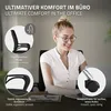 A woman is sitting at a desk and working on a laptop, with close-up images of a black office chair highlighting its features. Produktbild-Vorschau