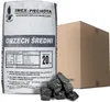 A bag of coal, a cardboard box, and a pile of coal are shown against a white background. Produktbild-Vorschau