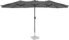 A large, dark gray, rectangular patio umbrella with two sections, supported by a central pole and a square base. Produktbild-Vorschau