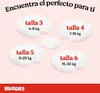 A size chart showing different diaper sizes with corresponding weight ranges, presented on a light pink background with fluffy cloud-like graphics. Náhľad obrázku produktu
