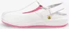 A white and pink safety shoe is shown against a white background. Voir les images du produit