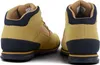 Two tan hiking boots with navy blue accents are shown from the back on a white background. Náhled obrázku produktu