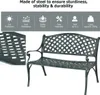 A dark gray metal garden bench with a lattice design, shown with a close-up of the seat and a banner of product features. Produktbild-Vorschau