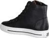 A side view of a black leather high-top sneaker with a white sole. Voir les images du produit