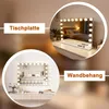 Collage showing a vanity mirror with lights on a table and a similar mirror mounted on a wall above a dresser. Produktbild-Vorschau