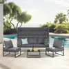 An outdoor lounge set with a sofa and two chairs is arranged around a coffee table next to a swimming pool. Produktbild-Vorschau