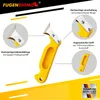 A marketing image showcasing a yellow grout removal tool with close-up views of its features and descriptive text. Produktbild-Vorschau