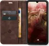 A brown leather flip case for a smartphone, with cards and banknotes inserted. Produktbild-Vorschau