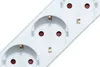A close-up view of a white power strip with three outlets. Produktbild-Vorschau