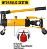 A yellow hydraulic pipe bending machine with a black handle and wheels, shown with an inset diagram of its oil cylinder. Voir les images du produit