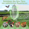 A marketing image showing a chicken coop with various animals around it, illustrating protection from predators. Produktbild-Vorschau