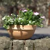 A terracotta planter filled with white and pink flowers sits on a stone wall. Náhled obrázku produktu