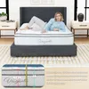 A person lying on a mattress in a bedroom setting, with a diagram illustrating how to measure mattress height. Produktbild-Vorschau