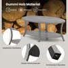 A grey oval coffee table with a lower shelf is shown in front of a stack of logs. Close-up insets highlight features of the table. Produktbild-Vorschau