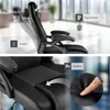A split image showing details of a black office chair, with close-ups and feature callouts. Produktbild-Vorschau