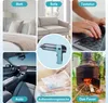 Collage of images showing a hand vacuum cleaner used in various settings: a bedroom, a living room sofa, a car interior, a storage bag, and a laptop keyboard, with a fire pit in the background. Produktbild-Vorschau