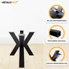 A black metal table leg base with three legs and a central support, shown on a light wooden floor. The image is divided into sections, with close-ups and text highlighting product features. Produktbild-Vorschau