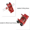 A collage of images showing a red woodworking jig for drilling holes. Náhľad obrázku produktu