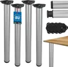 A set of four adjustable table legs, along with some additional components and a partial view of a wooden tabletop. Voir les images du produit