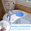 A bath board with a blue rotating seat and a blue handle is placed across a bathtub. Part of the product's adjustable foot is shown in a close-up inset. Produktbild-Vorschau